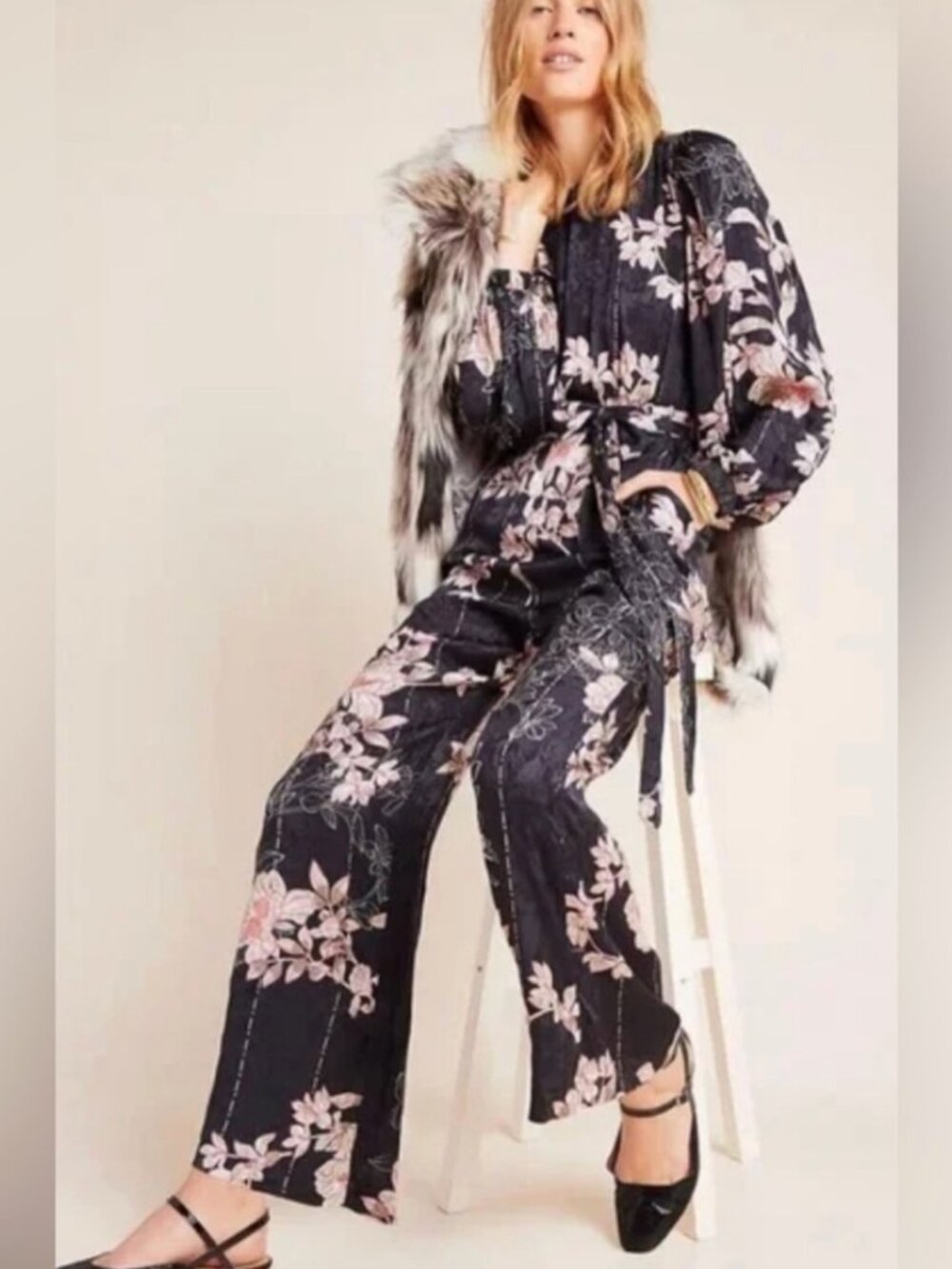 NWT Anthropologie Harlyn Audria Black Floral Belted Glam Jacquard Jumpsuit XSP